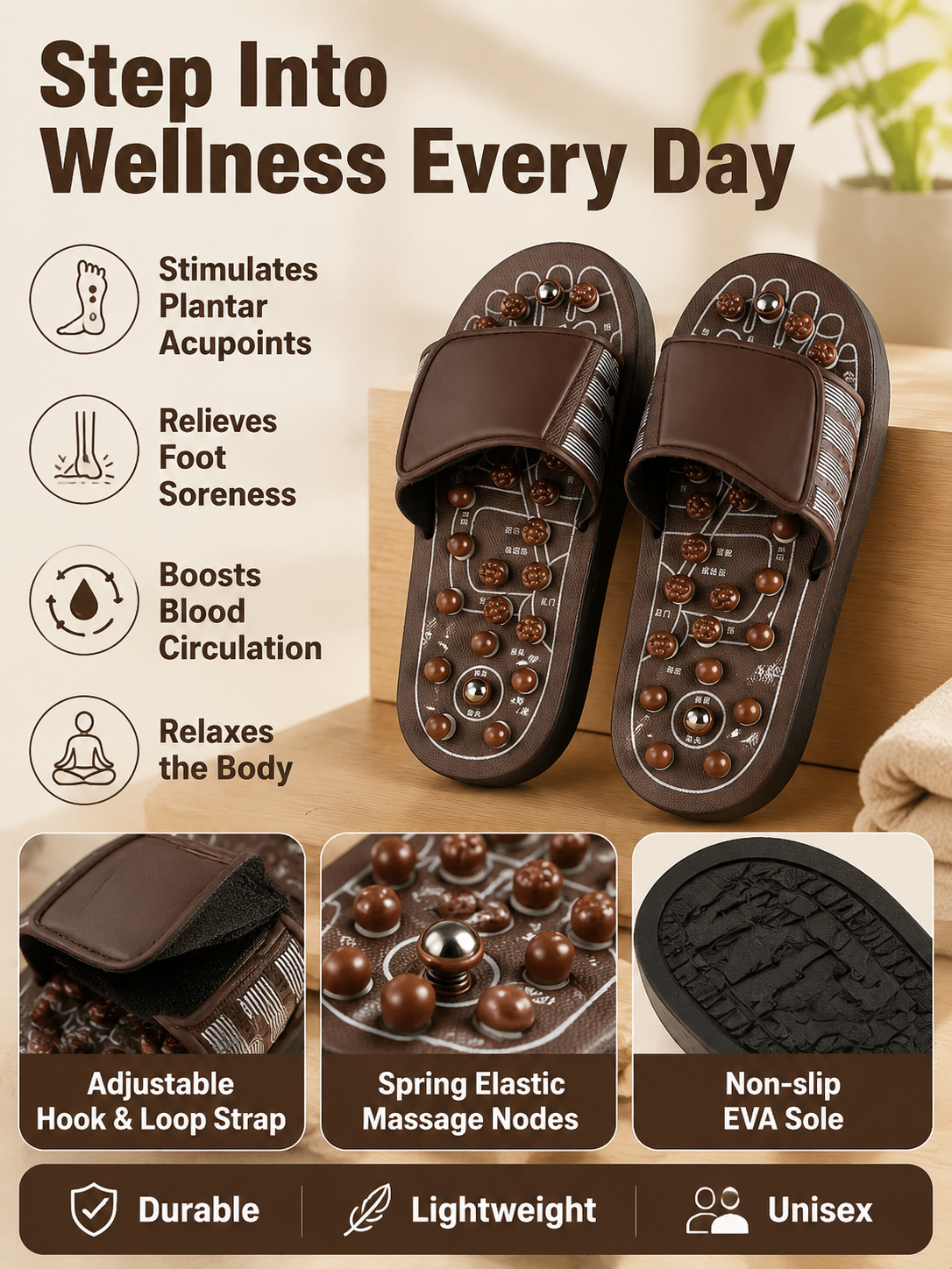 Ad justable Acupressure Massage Slippers with Rotatable Spring Nodes