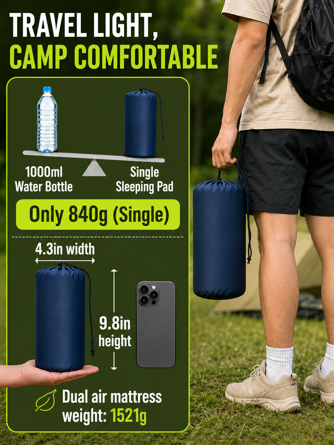 Ultra-Light Inflatable Camping Sleeping Pad with Built-in Foot Pump